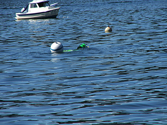 Ready to submerge after locating old rope for a guide to anchor.